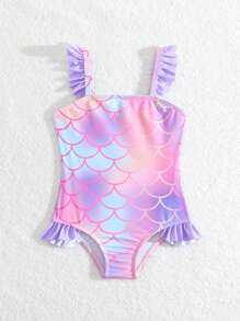 SHEIN Baby Girl Mermaid Scale Print Flutter Trim/One Piece Swimsuit - Multicolor - View 5