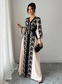 Rafferiza Vestido floral de manga media con cuello de corbata y bloque de color, estilo casual para mujer - Albaricoque - Ver 6