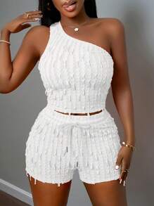 Slaydiva New Casual Vacation 2 Pieces Set: Asymmetric Fitted Sleeveless Top & Shorts, Spring/Summer - White - View 7