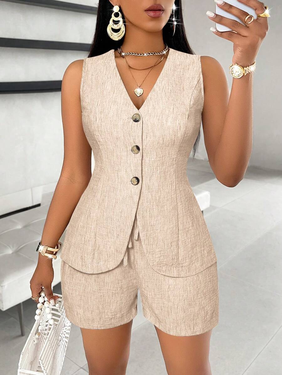 SOLERSUN Women Casual Solid Button Front Vest Blazer & Shorts - Apricot - View 1