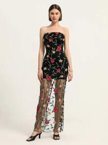 Aveloria Rosie Elegant Romantic Heavy Lace Mesh Long Dress, Sexy Sheer Strapless Design All Over Print  For Summer Spring Fall Autumn