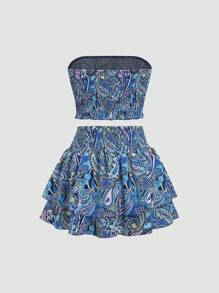 Sweetra 豹纹刺绣抹胸和层叠半身裙梭织两件套 Y2K 服装 - 藍色 - 查看 2