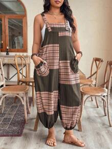 Linhara 大码格子印花口袋无袖连体裤，夏季休闲 - 軍綠色 - 查看 4