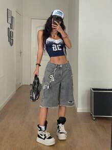 Coolane Casual losse denim shorts met wijde pijpen voor dames met meerdere klepzakken en gerafelde zoom