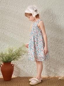 Blossori Young Girls French Elegant Ditsy Floral Printed Sleeveless Shift Dress, For Spring/Summer - Multicolor - View 4