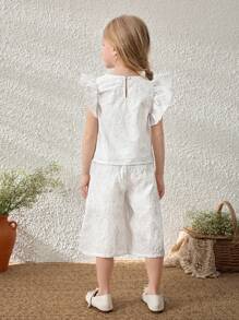 Blossori Young Girls' Elegant French Style White Embroidered Woven Blouse With Ruffle Sleeves & Matching Pants Suit, Spring/Summer