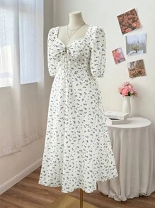 Flirla Plus Size Sweetheart Collar Tie-Front Elegant Cute Casual Dress For Date, Party