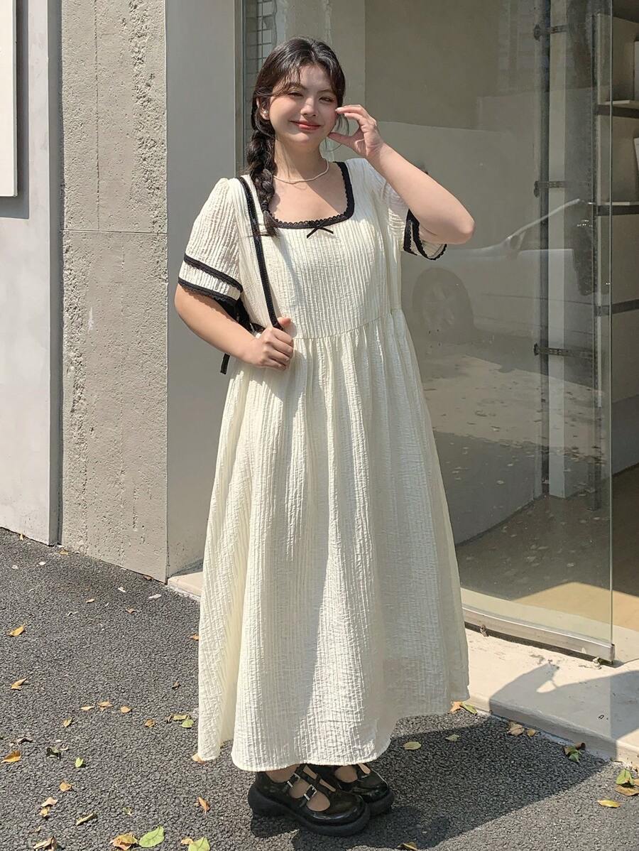 Dazy Plus 拼色拼接方领蝴蝶结装饰短袖收腰连衣裙 - 米色 - 查看 1