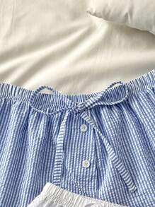 Set de 2 pantalones cortos de dormir informales y cómodos con estampado de rayas y cordón para mujer