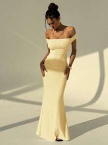 Aloruh 女士白色婚礼季节露背褶饰性感露肩紧身连衣裙 - 黃色 - 查看 6