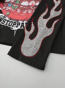 ROMWE MEN Street Life Men's Oversized Loose Short Style Printed T-Shirt With Rhinestone Embellished Sleeves (Flame & Diamond Embroidery)