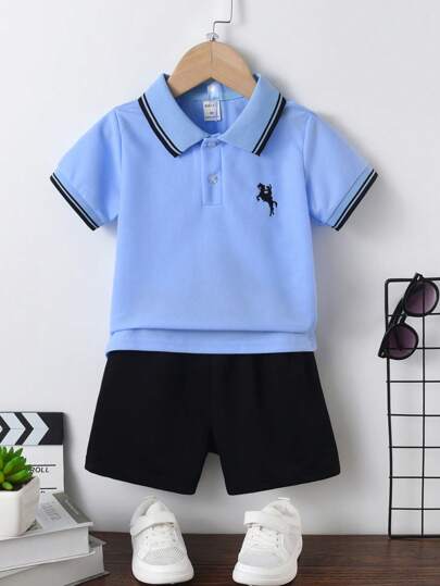 SHEIN Camisa polo de manga curta com detalhes bordados de cor contrastante, casual de verão para menino