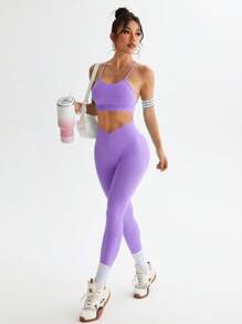 Studio SHEIN Sport بدلة رياضية للنساء مكونة من ملابس علوية وبنطلون بلون أحادي بسيط، موضة صيفية لممارسة التمارين الرياضية