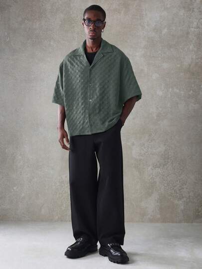Oversized Textured Camp Collar Button Down Short Sleeve Shirt