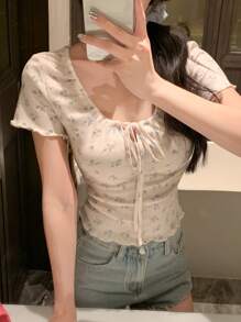 DAZY Summer New Arrival Bow Decor Fitted Ladies T-Shirt, Dating Outfit Cute Tops