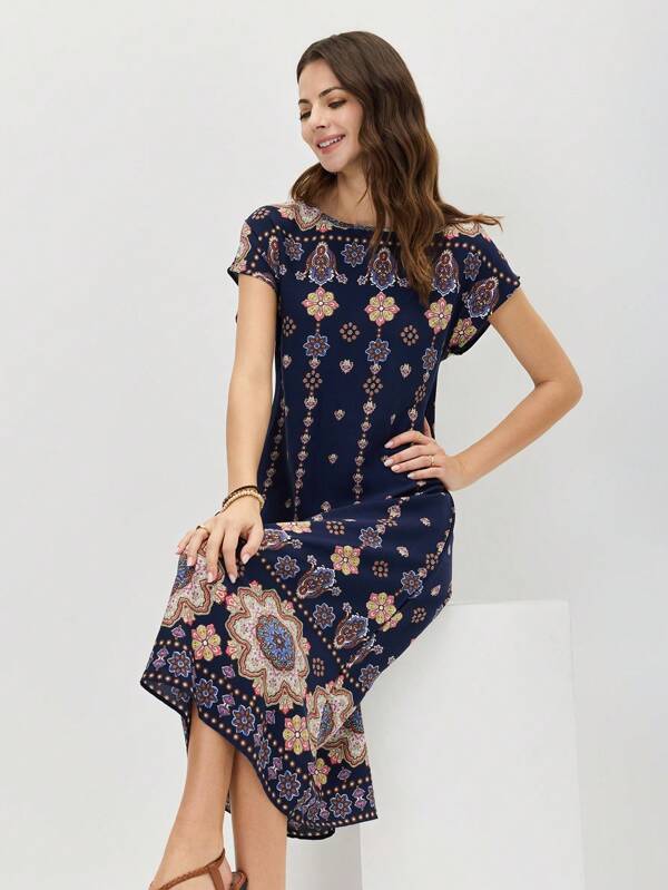 Miaspire Vacation Outfits Woman Summer Dress, Round Neck All-Over Print Summer Short Sleeve Boho Dress