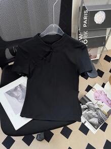 SHEIN LUNE 修身立领镂空衬衫，休闲度假优雅街头装中国风女式 T 恤