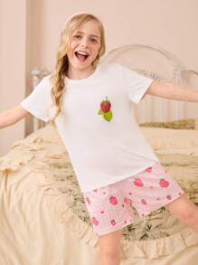 少女草莓印花短袖短裤家居服套装 - 彩色 - 查看 4