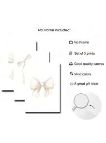 SHEIN 3pcs Set Unframed Beige Bows Preppy Art Poster Canvas Print Girl Room Decoration Painting Minimalist Cute Wall Painting Picture For Dorm,Living Room,Teen Room,Bedroom,Home Decoration