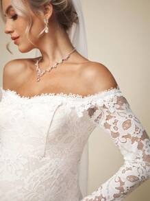 SHEIN Elegant Pregnant Off Shoulder Solid Color Lace High Slit Mermaid Wedding Dress With Train, Elegant Maternity Dress