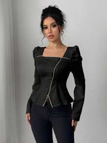 Chiquease 女士优雅中国新年花卉提花方领泡泡袖复古珍珠链腰衬衫 - 黑色 - 查看 7