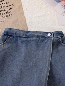 青少年女孩牛仔蝴蝶结刺绣 T 恤和牛仔短裤休闲两件套 - 白色 - 查看 7