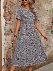 EMERY ROSE Vestido largo de mujer con cintura ceñida, diseño floral de margaritas y patrón geométrico simple