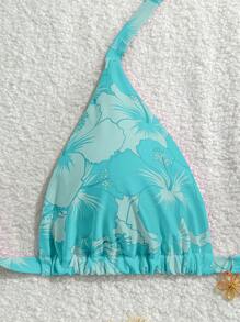 Swim Mod Plus Size Women's Summer Tropical Floral Decorated Fashionable Energetic Halter Tankini Top - Mint Green - View 4