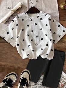 SHEIN Ensemble de 2 pièces avec t-shirt à manches courtes et short, imprimé à pois et fleurs, décontracté et simple, pour jeunes filles, convient pour l'été