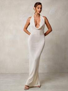 Glamine كنزة صوفية صوفية طويلة بياقة عالية وظهر مكشوف بأناقة وأسلوب عطلة نسائية للصيف - بيج - مشاهدة 4