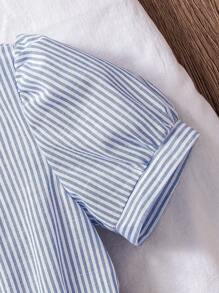 Genkimix Kids 2pcs/Set Tween Girls Blue Striped Collar Short Sleeve Embroidered Waist Dress And Blue Striped Collar Waist Shirt Dress - Multicolor - View 6