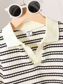 SHEIN Playful Pals 1 chiếc áo thun polo cổ chữ V dệt kim kẻ sọc tổ ong thường ngày cho bé trai, phù hợp cho bé trai từ 4-7 tuổi mặc vào mùa xuân/hè - Màu be - Xem 4