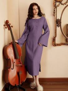 Women's Solid Color Button Design Flared Sleeve Loungewear Dress - Purple - View 3