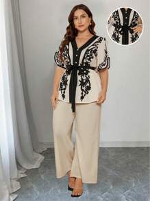 Rometta 2 chiếc/bộ size lớn mùa hè thường ngày đi nghỉ cổ chữ V thắt nơ eo - Màu be - Xem 5