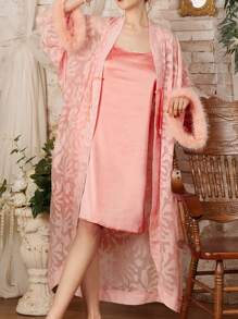 Côtesoire New Chinese Style Faux Rabbit Fur Jacquard Robe & Satin Camisole Night Gown, Elegant Set - Pink - View 3