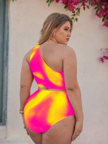 Swim Oasis Conjunto de 3 piezas para mujer talla grande Oasis: Blusa de hombro recogida con estampado de degradado amarillo, pantalones de cintura alta, falda con superposición de malla con estampado de degradado, conjunto de playa de verano para vacaciones