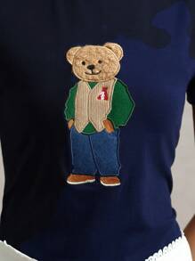 Briarwyn 刺绣卡通熊图案圆领印花短袖修身女式T恤，夏季商务休闲女款 - 藏蓝色 - 查看 5