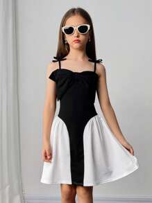 SHEIN Leap Crew Tween Girls' Fashionable Elegant Classic Black Spaghetti Strap Bow Decor Contrast Color Skirt Hem Party Dress - Black and White - View 3