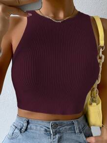 SHEIN Unity Women's Solid Color Crew Neck Sleeveless Ribbed Knit Slim Sweater - Burgundy - View 7