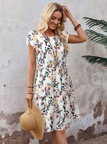 EMERY ROSE 女士花卉印花圆领短袖休闲连衣裙，适合假期穿着 - 白色 - 查看 5