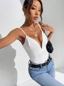 SHEIN EZwear 大码性感深 V 细肩带紧身连衣裤，春夏 - 白色 - 查看 6