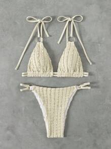 SHEIN Swim 2 pezzi Costume da bagno donna sexy, top in tessuto a costine e slip triangolo regolabile con decorazione ad anello argento