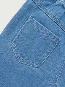 NEW Girls Casual Simple Floral Print Elastic Waist Straight Leg Cotton Jeans, Cute & Comfortable For Everyday Wear, Suitable For Spring/Summer 2025 - Light Wash - View 3