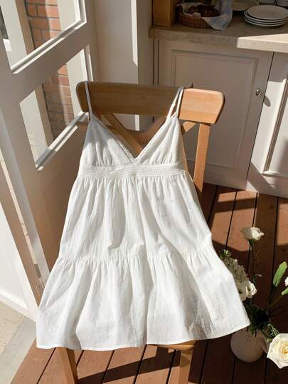 Comfortcana Women's Summer Vacation Casual Cottagecore Romantic Tropical European Sexy Cotton And Linen White Hollow Embroidery Patchwork Mini Dress