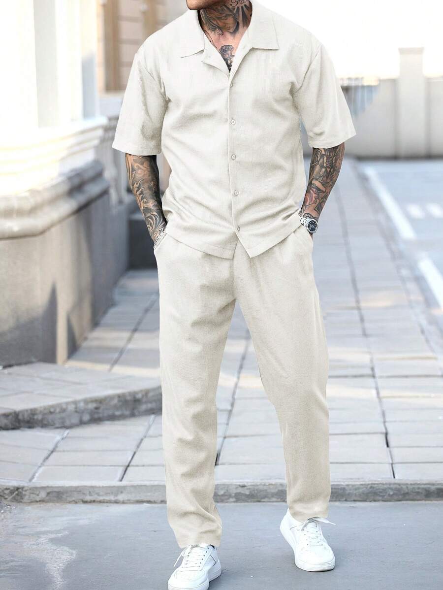 Manfinity Homme 男士华夫格纹理衬衫和裤子休闲套装