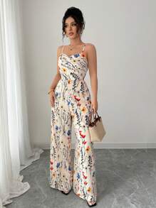 Selianne 女式优雅花卉印花无袖阔腿连体裤，深 V 领，春夏 - 彩色 - 查看 6