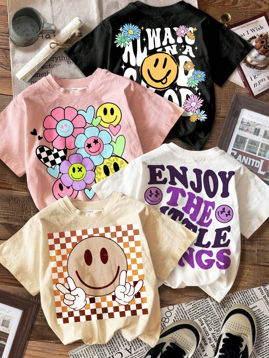SHEIN 4pcs Young Girls Vintage Smile Face, Letter, Floral, Heart Graphic Comfy Casual Crew Neck Short Sleeve Basic T-Shirt, Suitable For Spring And Summer - Multicolor - View 1