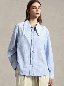 女士条纹印花前开襟长袖衬衫，夏季商务休闲女装 - 藍色 - 查看 6