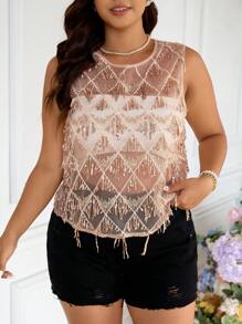 SHEIN Frenchy Plus Size Women Sleeveless Sequin & Mesh Patchwork Fashionable Top - Apricot - View 2