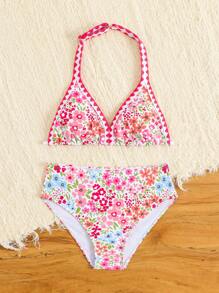 SHEIN Tween Girl Floral Print Halter Bikini Set - Baby Pink - View 5